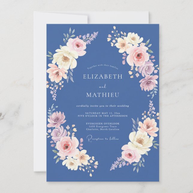 Convites Casamento Floral Pastel Azul Aço (Frente)