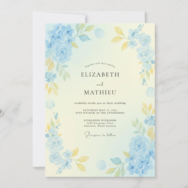 Convites Casamento Floral Pastel Azul Claro (Frente)