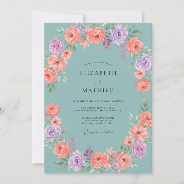 Convites Casamento Floral Pastel Azul Empoeirado (Frente)