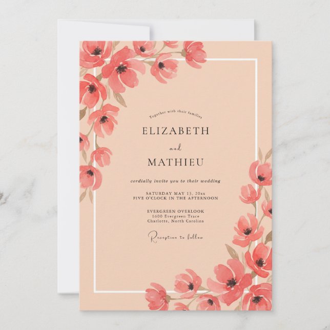 Convites Casamento Floral Pastel Coral (Frente)