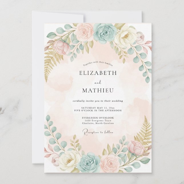 Convites Casamento Floral Pastel de Pêssego (Frente)