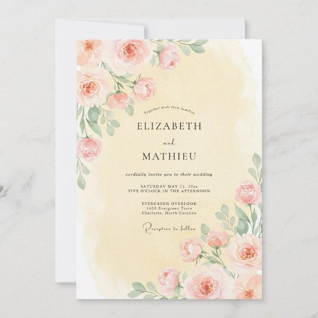 Convites Casamento Floral Pastel de Pêssego Abraço (Frente)