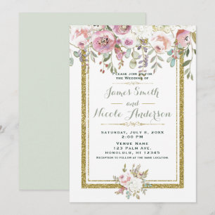 Convites Casamento Floral Pastel Moderno Rosa Verde e Doura