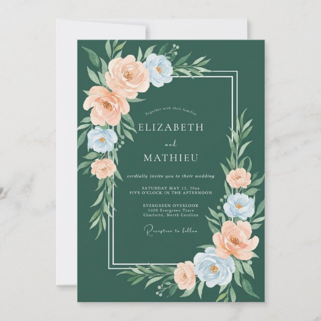 Convites Casamento Floral Pastel Verde Floresta (Frente)