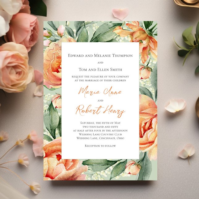 Convites Casamento Floral Peach Elegant Watercolor (Elegant peach floral wedding save the date photo card)