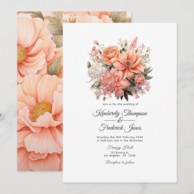 Convites Casamento Floral Peach Fuzz (Frente/Verso)