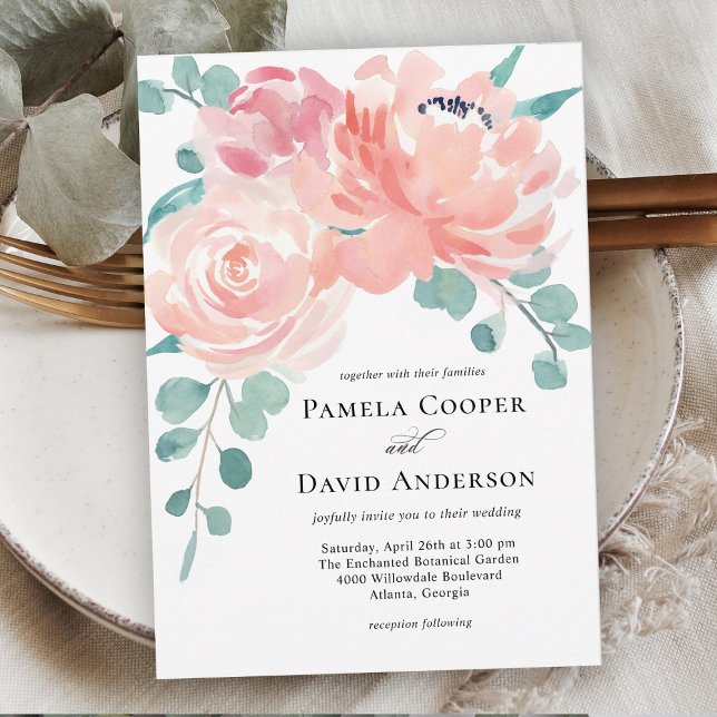 Convites Casamento Floral Peach Watercolor (Criador carregado)