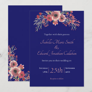 Convites Casamento Floral Peônia Coral Azul Marinho Moderno