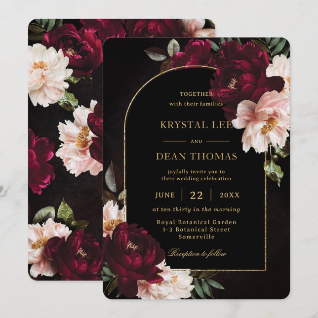 Convites Casamento Floral Peônias Rosa Bege Borgonha Temper (Frente/Verso)