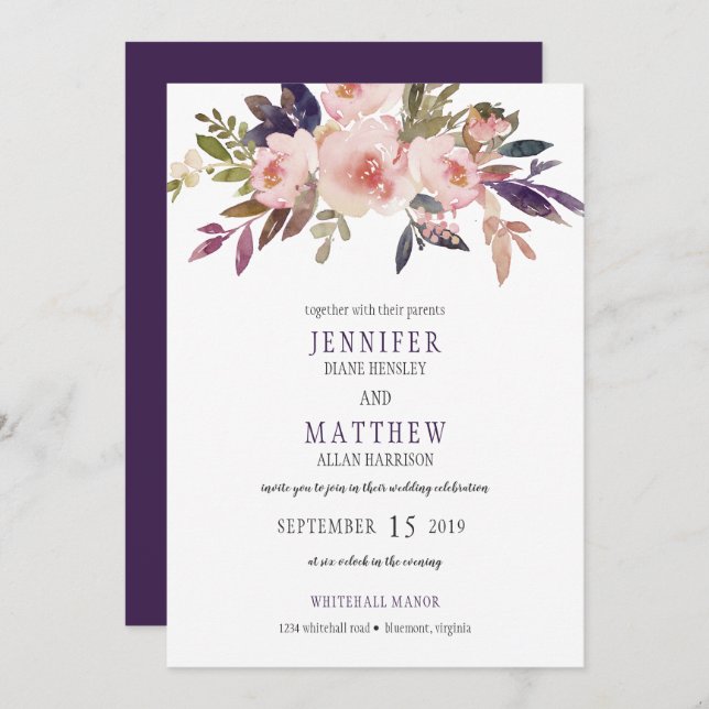 Convites Casamento Floral Pêssego Lavanda Rosa| (Frente/Verso)