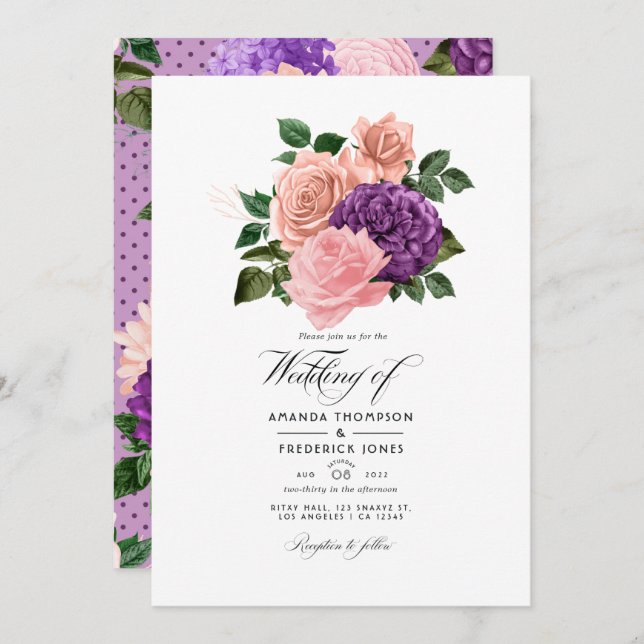 Convites Casamento Floral Pêssego-Rosa e Lavanda Roxo (Frente/Verso)