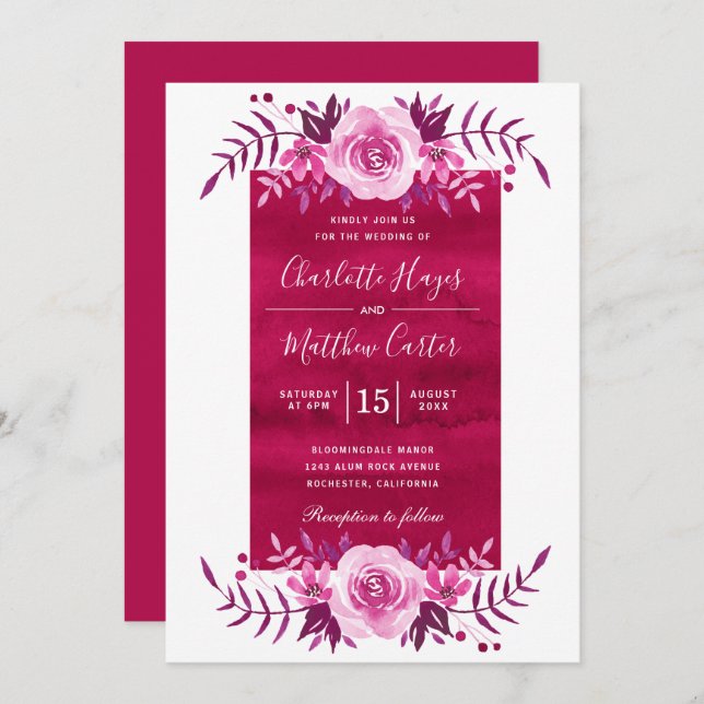 Convites Casamento Floral Pink Watercolor (Frente/Verso)