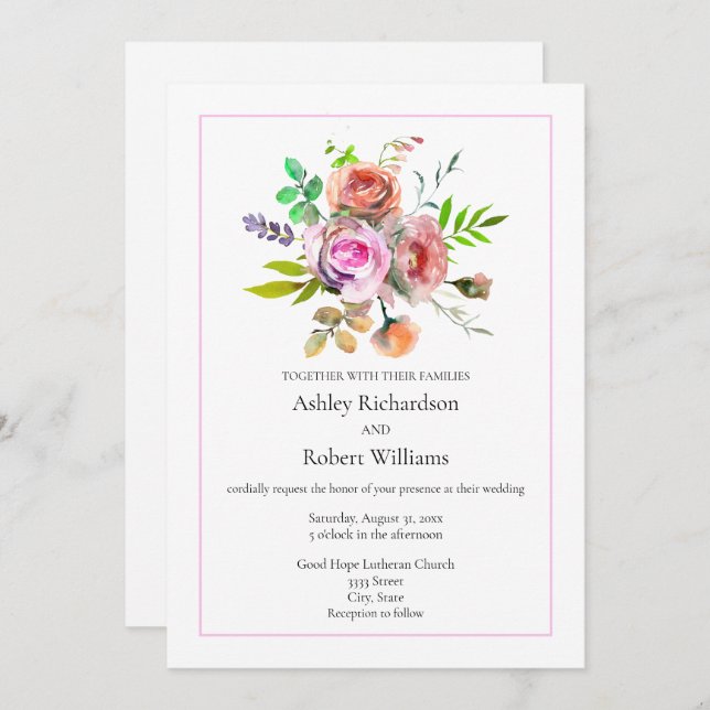 Convites Casamento Floral PinkWatercolor (Frente/Verso)