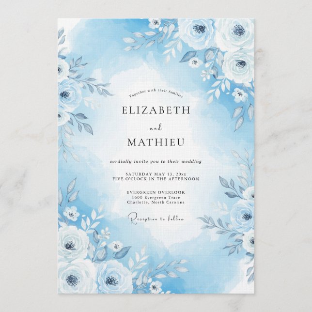 Convites Casamento Floral Pintado Azul Céu (Frente)