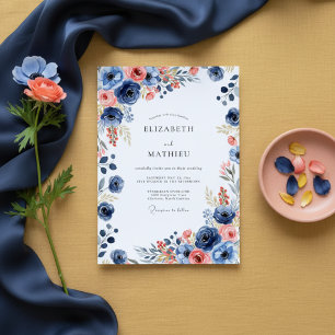 Convites Casamento Floral Pintado Azul-Navy