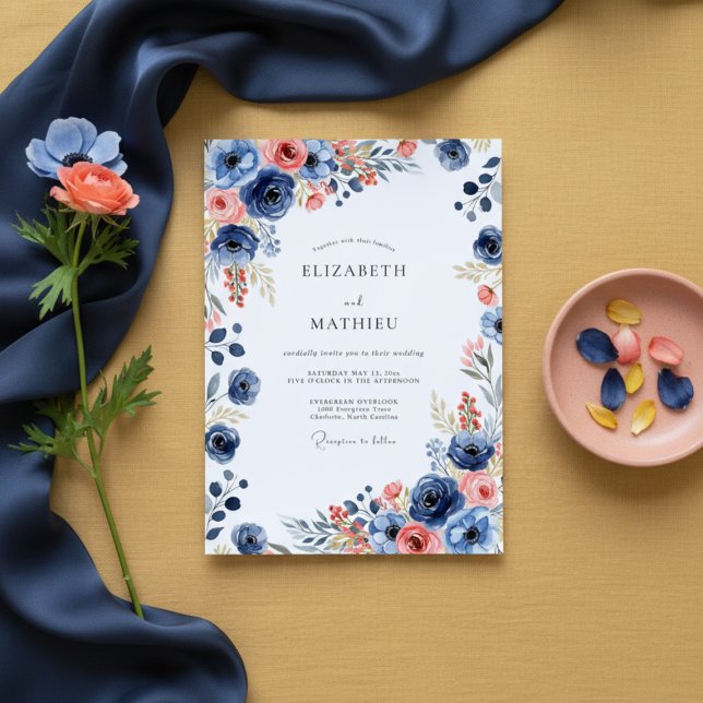 Convites Casamento Floral Pintado Azul-Navy (Criador carregado)