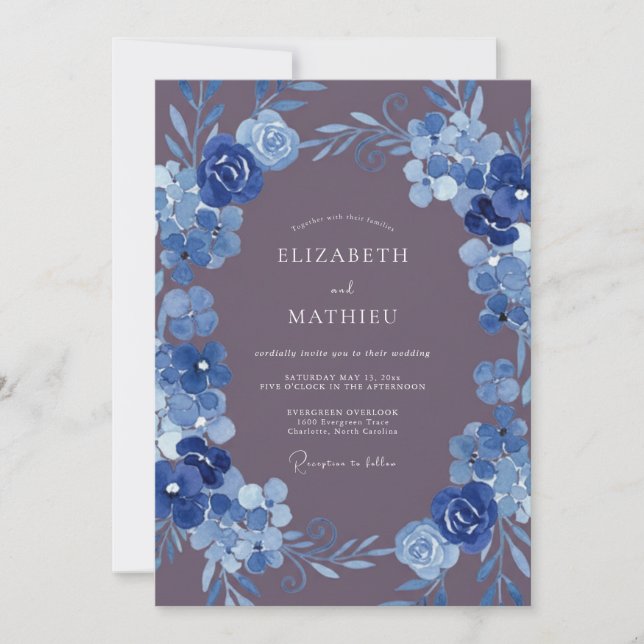 Convites Casamento Floral Pintado Azul Profundo (Frente)