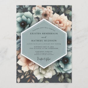 Convites Casamento Floral Pintado Azul Turquesa e Pêssego