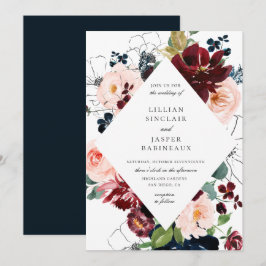 Convites Casamento Floral Pintado com Marinho Blush