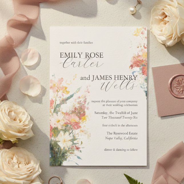 Convites Casamento Floral Pintado com Tonalidade Romântica (Romantic Blush Painted Floral Wedding Invitation)