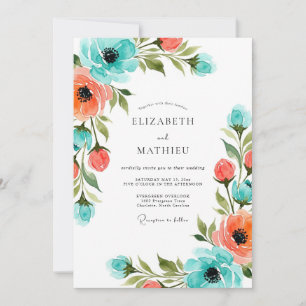 Convites Casamento Floral Pintado Coral Turquesa