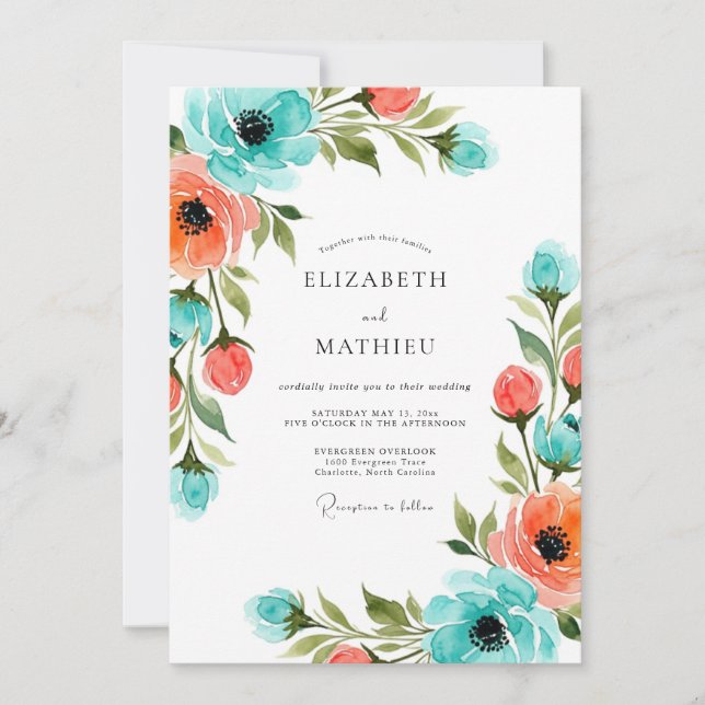 Convites Casamento Floral Pintado Coral Turquesa (Frente)