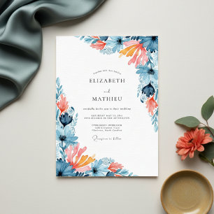 Convites Casamento Floral Pintado Coral Verde-água