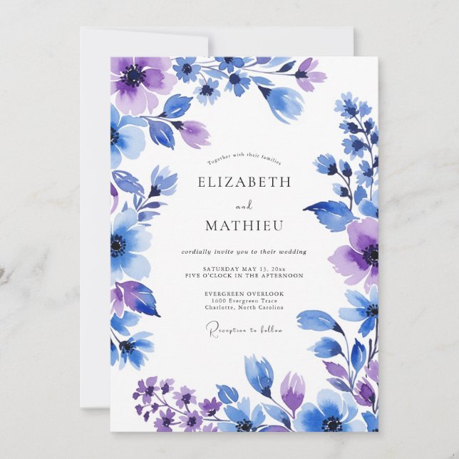 Convites Casamento Floral Pintado de Lavanda Azul (Frente)