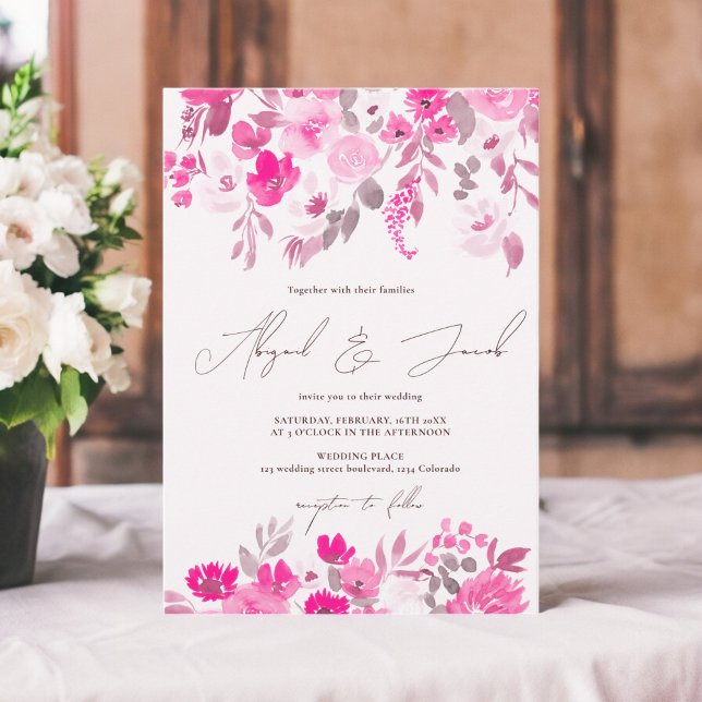 Convites Casamento floral pintado de mão rústica rosa-boho (Boho pink rustic hand painted floral wedding invitation)