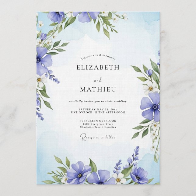 Convites Casamento Floral Pintado de Periwinkle (Frente)