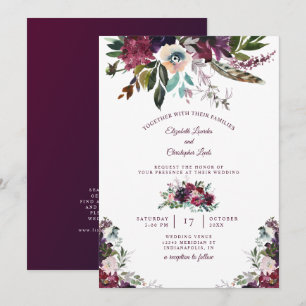 Convites Casamento Floral Pintado de Watercolor Burgundy
