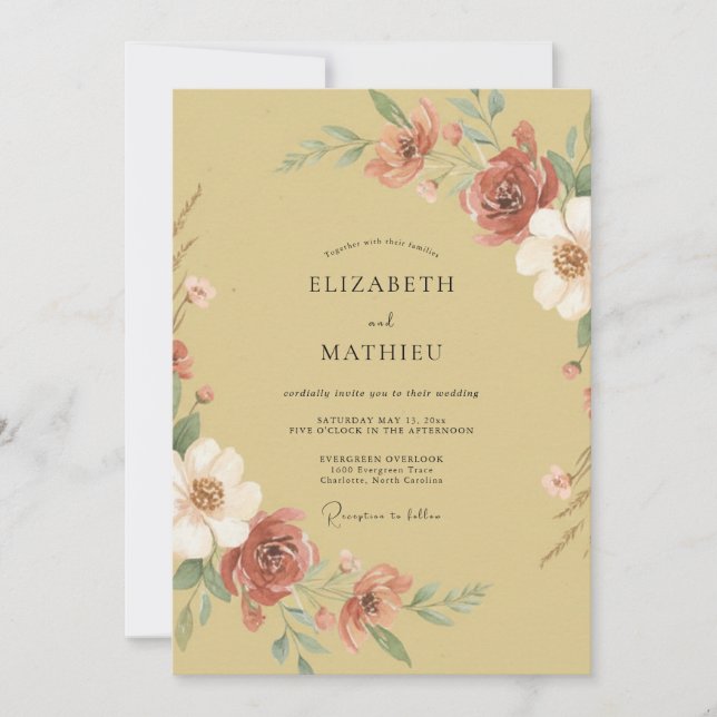 Convites Casamento Floral Pintado Dourado (Frente)