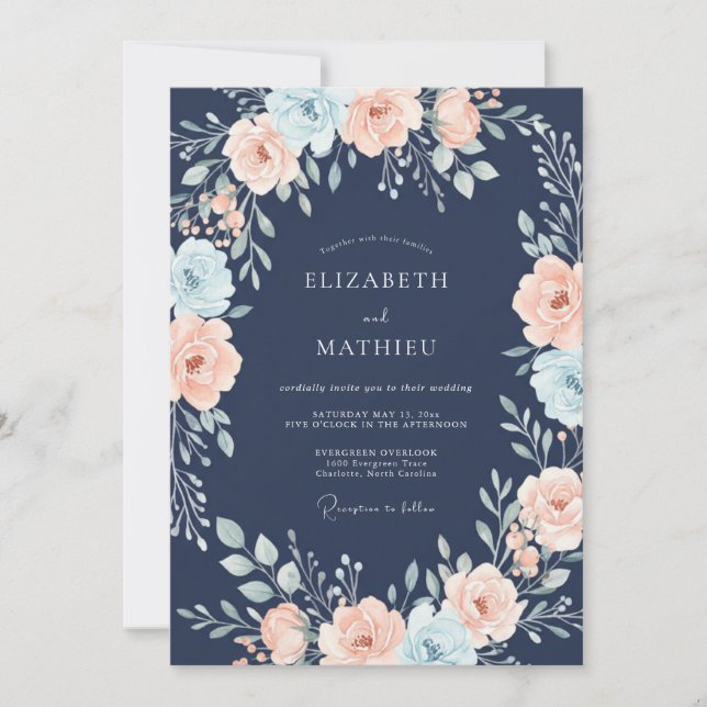 Convites Casamento Floral Pintado em Azul Marinho (Frente)
