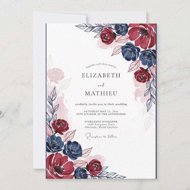 Convites Casamento Floral Pintado em Azul Marinho e Borgonh (Frente)