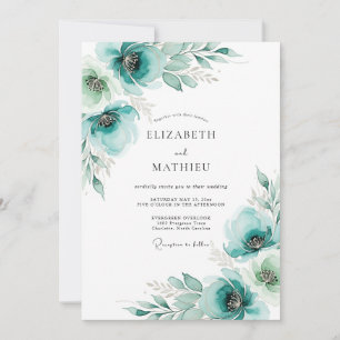 Convites Casamento Floral Pintado em Azul Turquesa