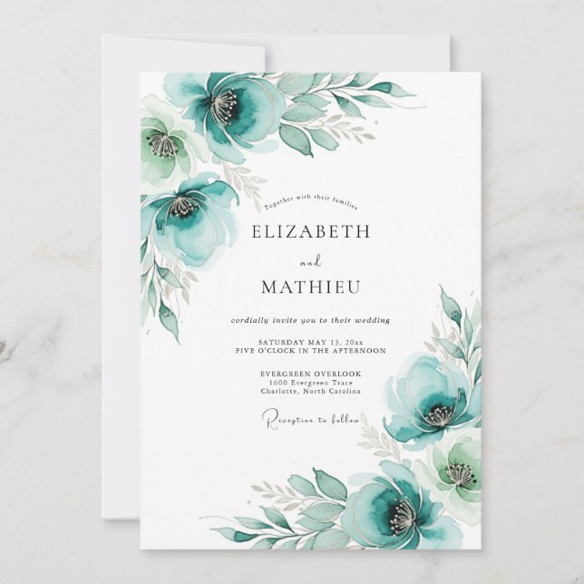 Convites Casamento Floral Pintado em Azul Turquesa (Frente)