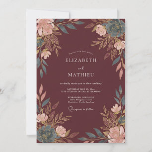 Convites Casamento Floral Pintado em Borgonha