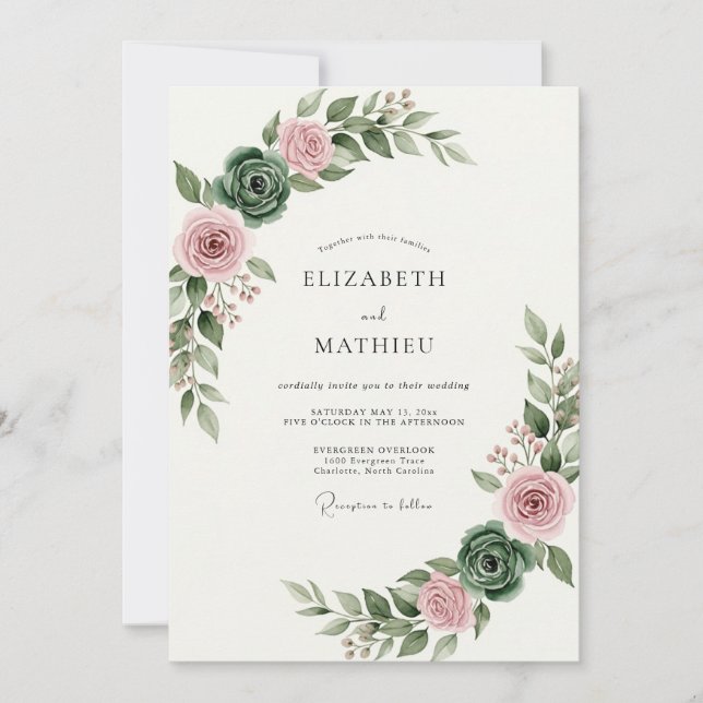 Convites Casamento Floral Pintado em Rosa Corado (Frente)