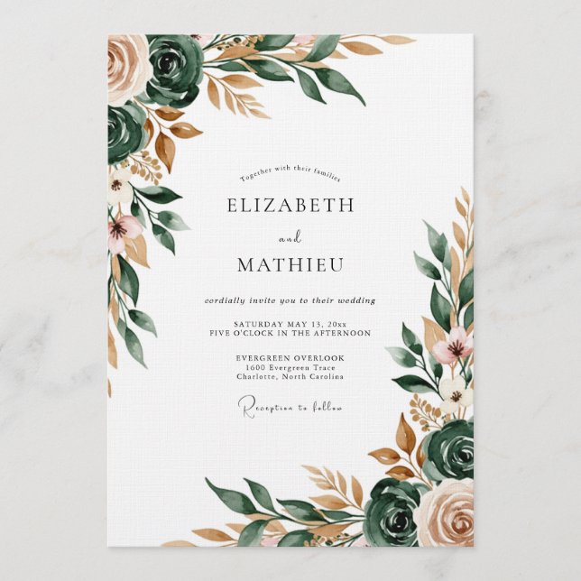 Convites Casamento Floral Pintado em Verde Sage (Frente)