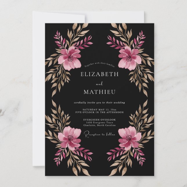 Convites Casamento Floral Pintado Magenta (Frente)