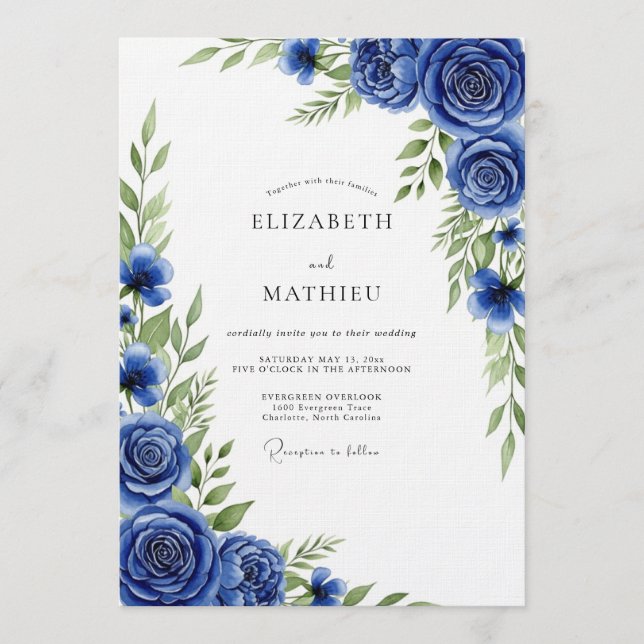 Convites Casamento Floral Pintura Azul Real (Frente)