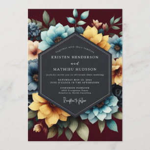 Convites Casamento Floral Pintura em Verde-azulado e Burgun
