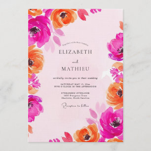 Convites Casamento Floral Pintura Fuchsia e Laranja