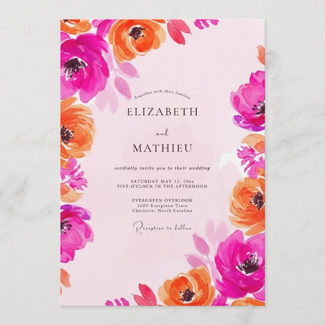 Convites Casamento Floral Pintura Fuchsia e Laranja (Frente)