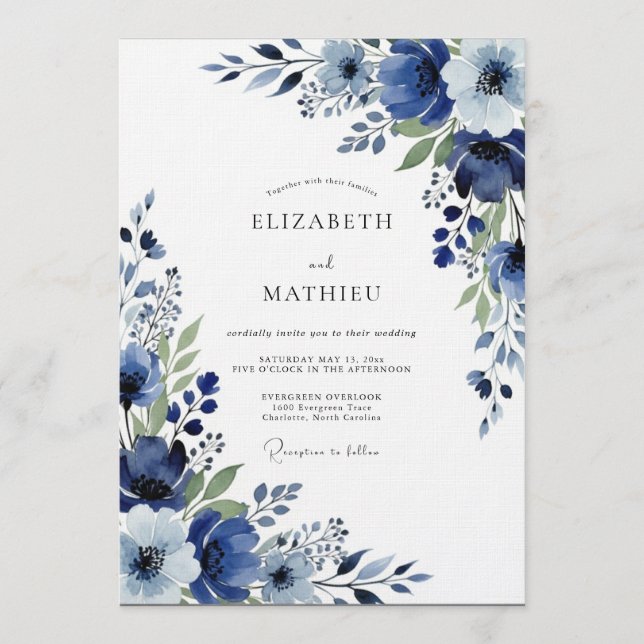 Convites Casamento Floral Pintura Índigo (Frente)