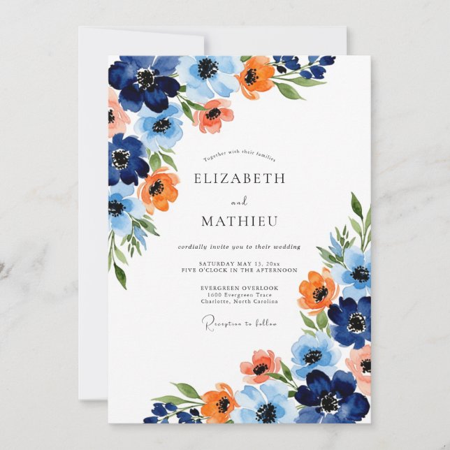 Convites Casamento Floral Pintura Laranja Marinho (Frente)