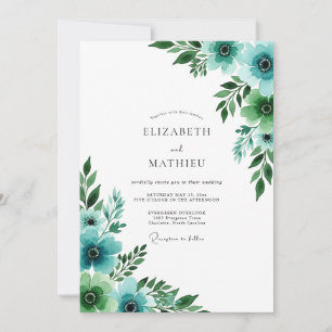 Convites Casamento Floral Pitoresco em Azul Turquesa