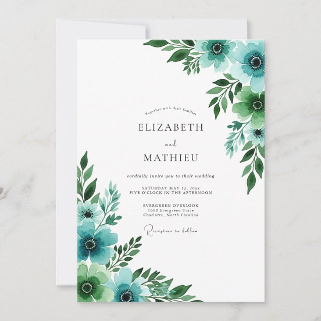 Convites Casamento Floral Pitoresco em Azul Turquesa (Frente)