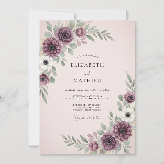 Convites Casamento Floral Plum Moody (Frente)