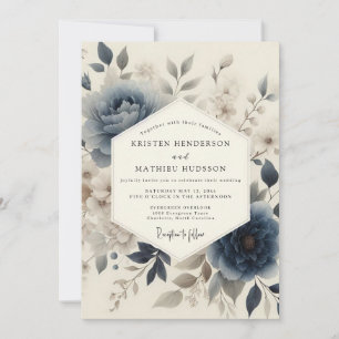 Convites Casamento Floral Poético Azul Ardesia